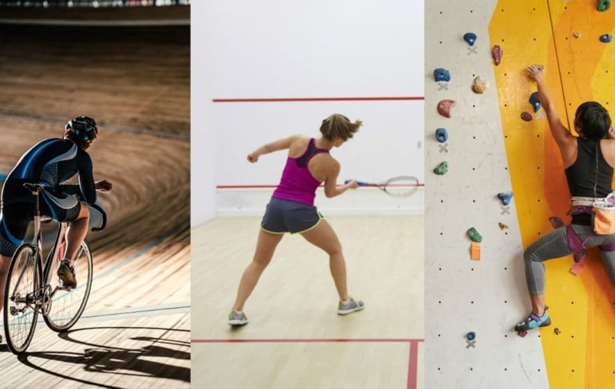 Indoor sports includes cycling, tennis and climbing