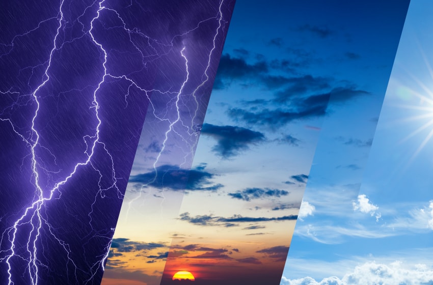 Weather forecast concept with dark rainy and glowing sunset