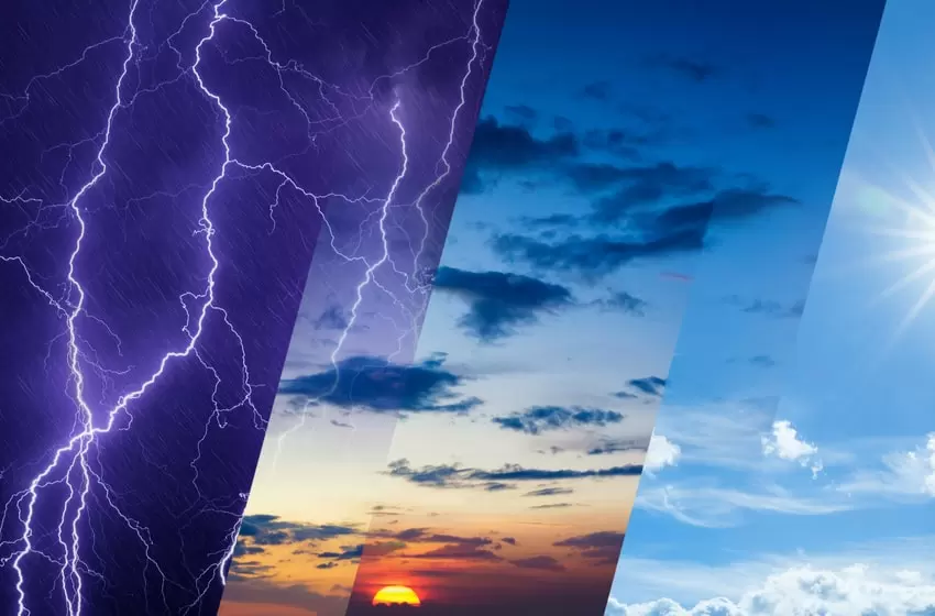 Weather forecast concept with dark rainy and glowing sunset